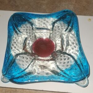 Vibrant Blue and Red Glass Art Dish